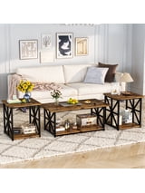 MIERES Modern 3 Piece Coffee Table Set with Storage Shelves, Wooden Top Living Room Center Table and End Tables, Brown