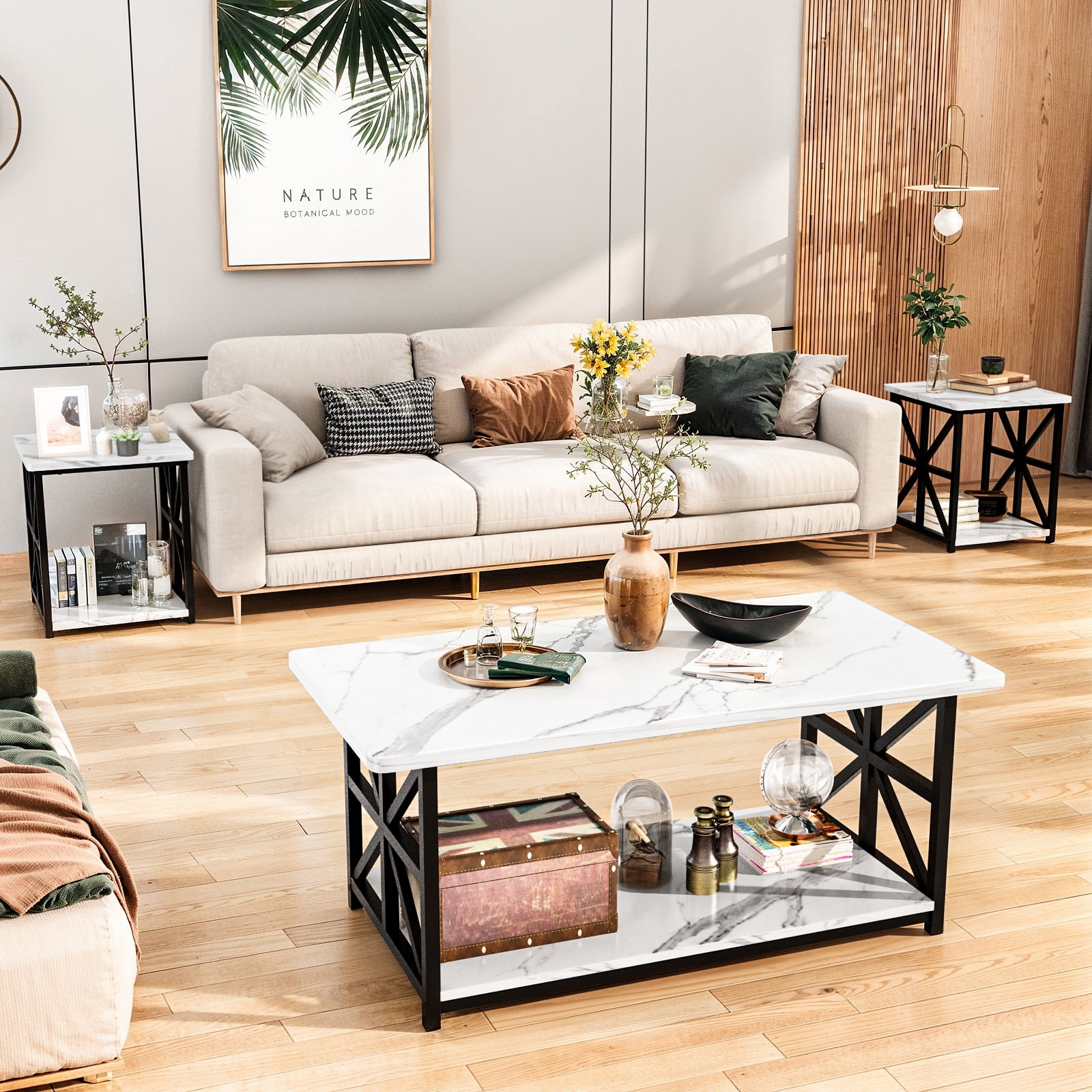MIERES Modern 3 Piece Coffee Table Set with Storage Shelves, Wooden Top ...