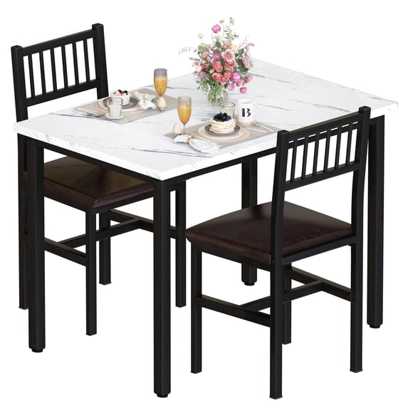 MIERES Modern Artificial Marble Dining Table Set, 2-Person Kitchen Dining Set with 2 PU Leather Backrest Chairs, Table and Chair Set, Suitable for Kitchen, Dining Room, Breakfast Nook, Apartment