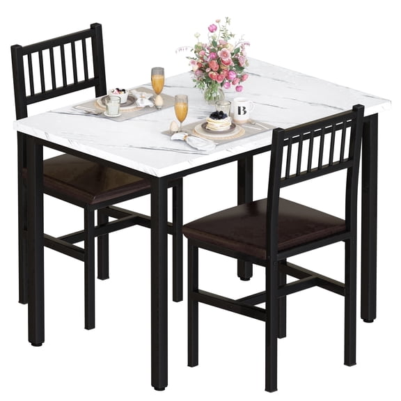 MIERES Modern Artificial Marble Dining Table Set, 2-Person Kitchen Dining Set with 2 PU Leather Backrest Chairs, Table and Chair Set, Suitable for Kitchen, Dining Room, Breakfast Nook, Apartment