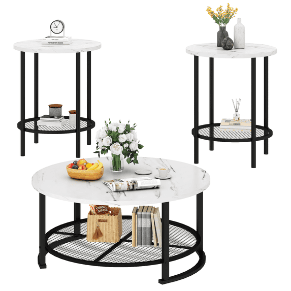 MIERES Round Coffee Table Set of 3, Marble-Look Living Room Coffee Tables, Includes Two Side Tables and a Storage Shelf, 3-Piece Coffee Table Set, Suitable for Home and Office Use, White·