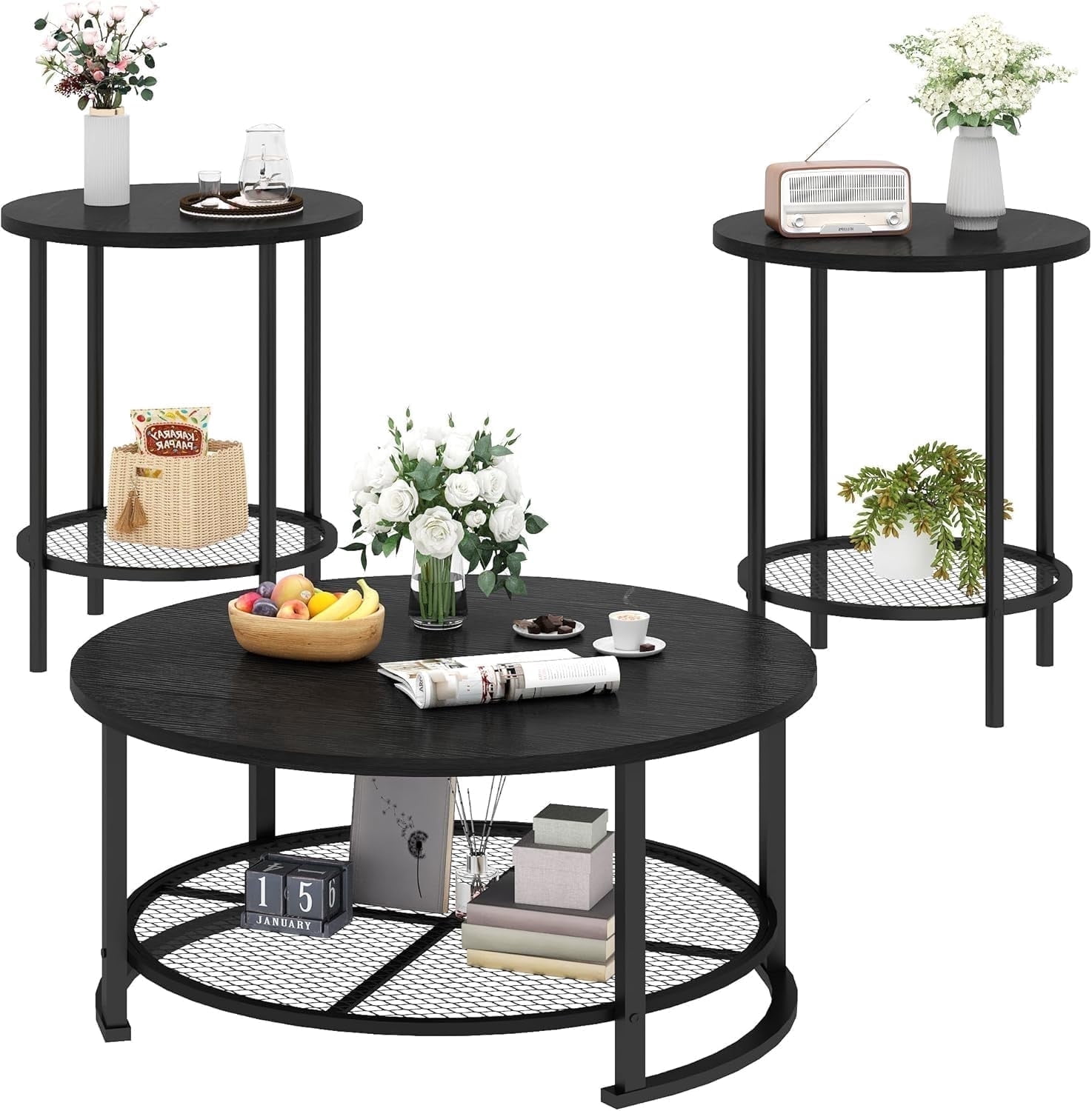 MIERES Round Coffee Table Set of 3, 2-Tier Metal Mesh Storage Shelf Living Room Set with 1 Large Center Table & 2 Small End Tables, Space-Saving Wooden Tea Table for Home Office Apartment, Black