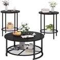 thumbnail image 1 of MIERES Round Coffee Table Set of 3, 2-Tier Metal Mesh Storage Shelf Living Room Set with 1 Large Center Table & 2 Small End Tables, Space-Saving Wooden Tea Table for Home Office Apartment, Black, 1 of 7