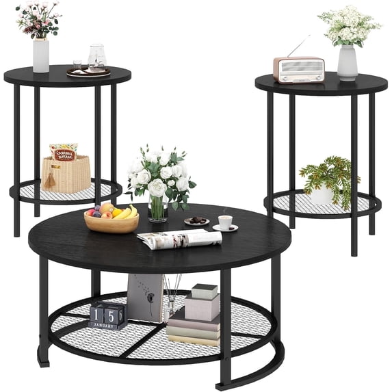 MIERES Round Coffee Table Set of 3, 2-Tier Metal Mesh Storage Shelf Living Room Set with 1 Large Center Table & 2 Small End Tables, Space-Saving Wooden Tea Table for Home Office Apartment, Black