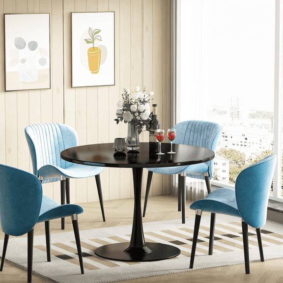 MIERES Dining Table 31.5" Circle Tulip with Wood Thickened Tabletop & Sturdy Metal Pedestal Leisure Bistro Kitchen Tables 4 People Small Places Living Room Cafe,Blac