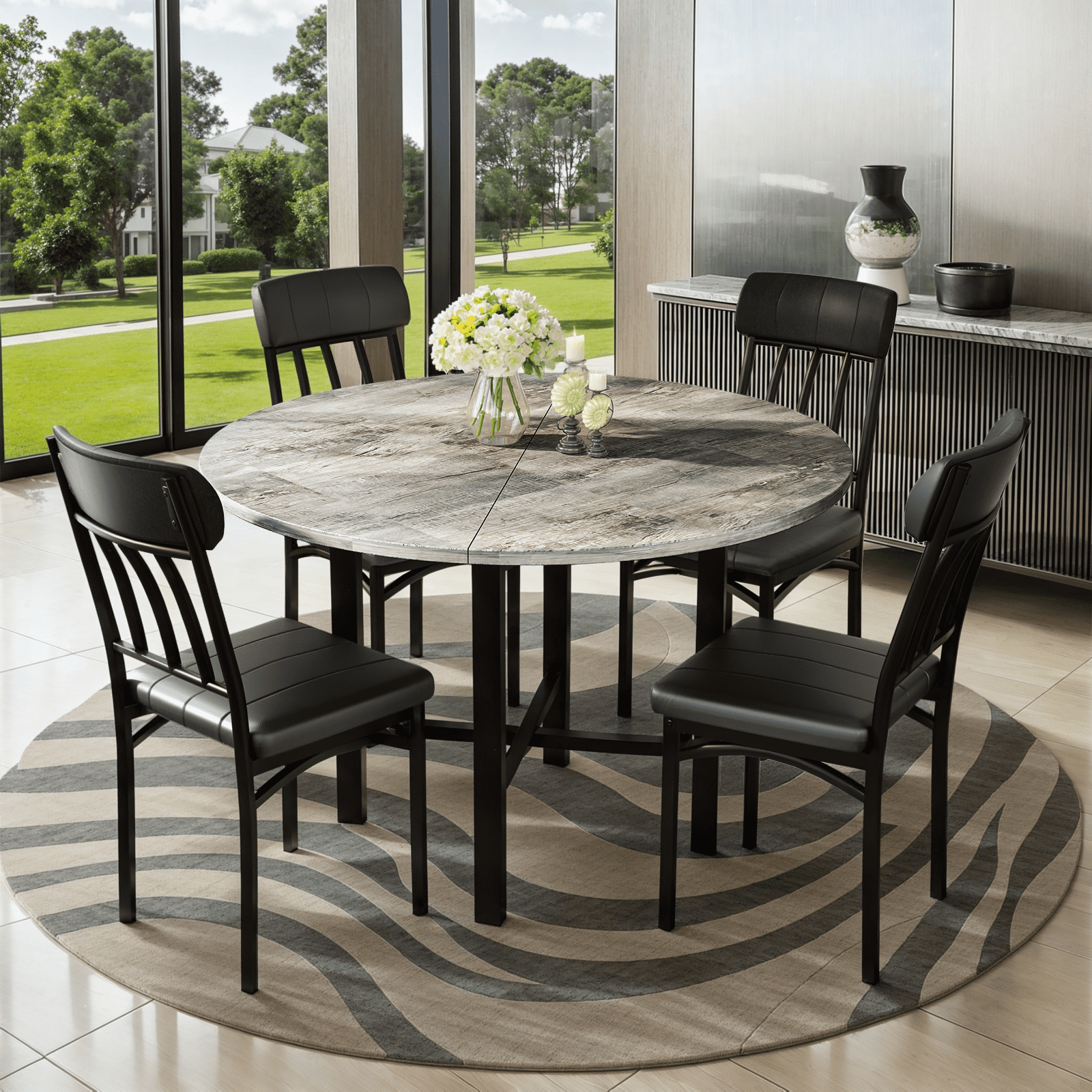 MIERES Round Dining Table Set for 4,Wood Round Kitchen Table and Chairs ...