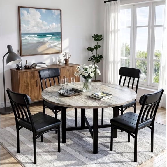 MIERES Round Dining Table Set for 4,Wood Round Kitchen Table and Chairs Set for 4,Modern Dining Room Table Set with 4 Faux Leather Chairs,Round Dinner Table for Small Space Gray