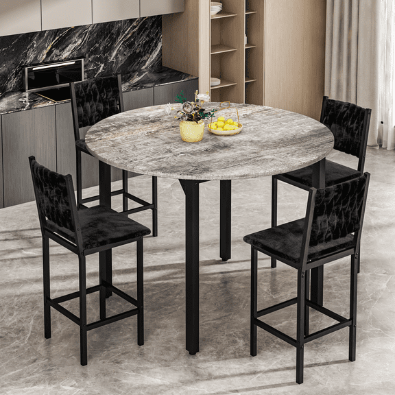 MIERES Round Kitchen Table Set for 4, Walnut Dining Table with Upholstered Velvet Chairs, Modern Pub Table and Chair, Easy to Assemble & Clean，Gray+Black