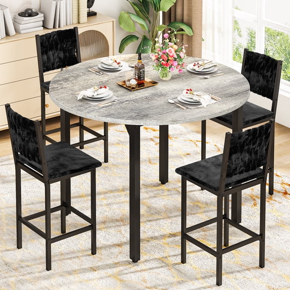 MIERES Round Dining Table Set for 4, Gray Kitchen Table with Upholstered Velvet Chairs, Modern Dining Room Furniture, Easy to Assemble & Clean