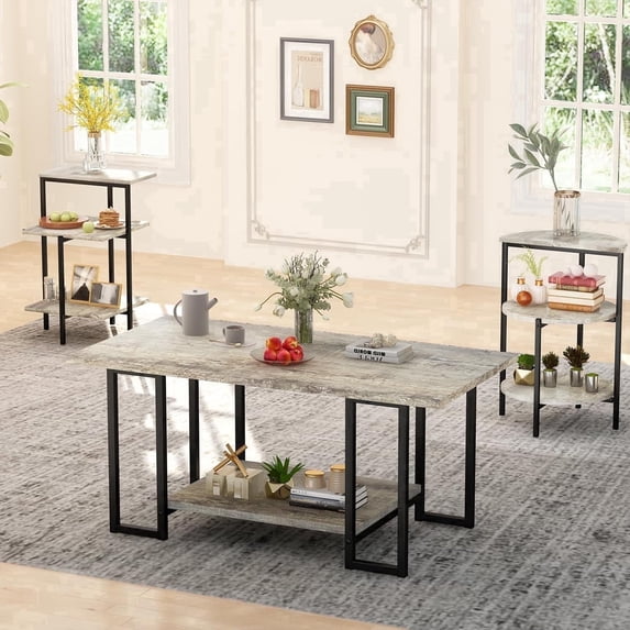 MIERES Rustic Oak Coffee Table Set Includes one coffee table and two side tables Alloy frame Three-piece living room coffee table set Suitable for living rooms, apartments, and offices Gray