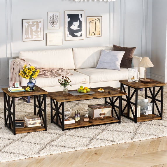 MIERES Modern 3 Piece Coffee Table Set with Storage Shelves, Wooden Top Living Room Center Table and End Tables, Brown