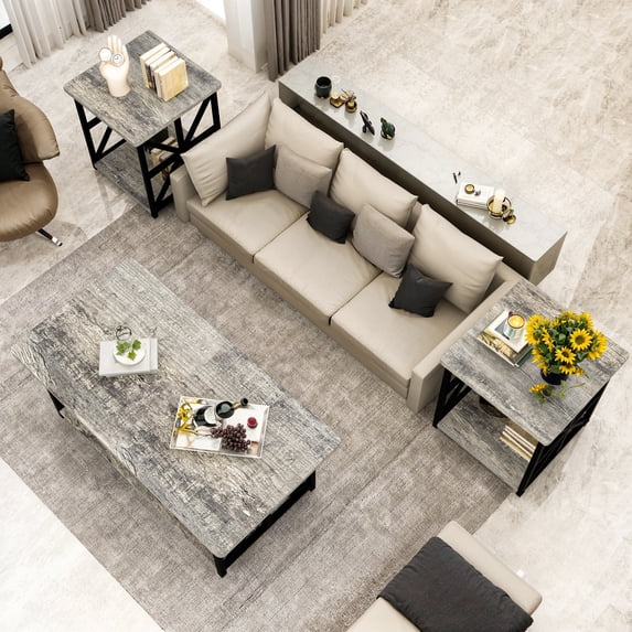 MIERES Modern 3 Piece Coffee Table Set with Storage Shelves, Wooden Living Room Center Table and End Tables, Alloy Frame, Gray