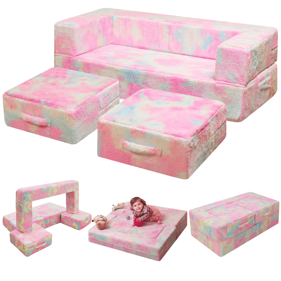 MIERES Toddler Couch Modular 5-in1 Rainbow Pattern Play Sofa with Washable Plush Cover Glow Fold Out Kids Couch for Bedroomm Play Couch