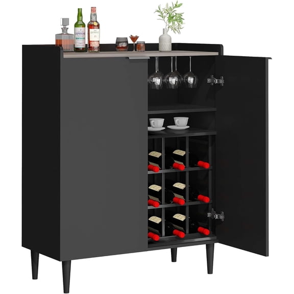 MIERES Wine Bar Cabinet for Liquor and Glasses, 37" Industrial-Style Kitchen Coffee Bar Cabinet for Home with Removable Wine Racks, Black