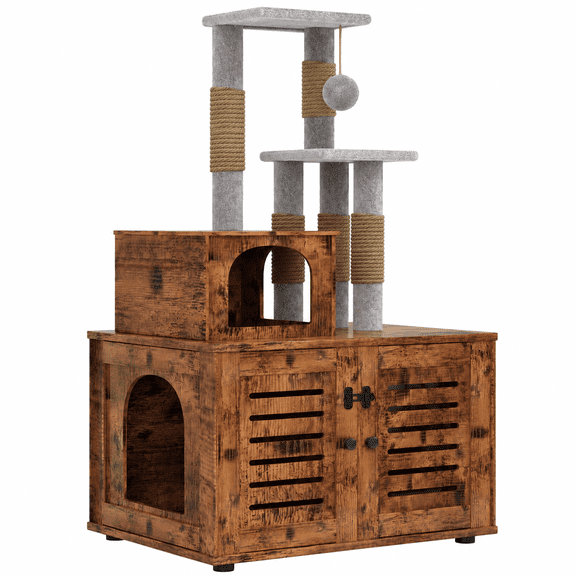 MIERES Wooden Cat Tree Tower with Litter Box Cabinet, Multi-Level Play Structure with Scratching Poles, Hide House & Rest Platforms for Kittens Adult Cats