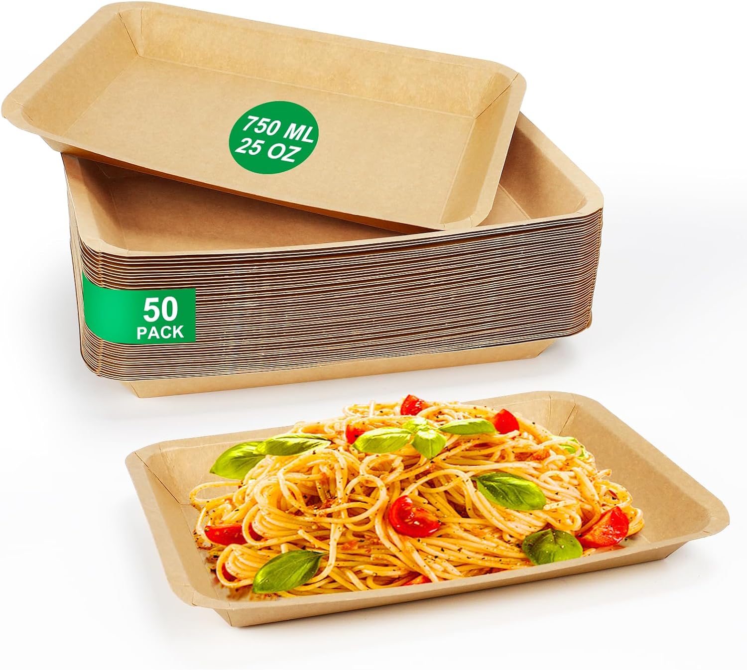 MIFAN 50 Pack Kraft Paper Food Trays, 9.8 x 6.8 inch 750ML Disposable