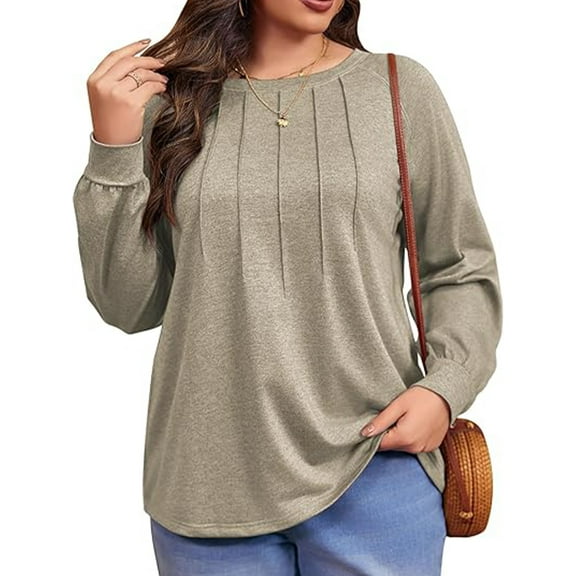 MIFATER Plus Size Tunic Tops for Women Fall Loose Fit Long Sleeve T Shirts Fashion Round Neck Pleated Blouses for Lady Tops