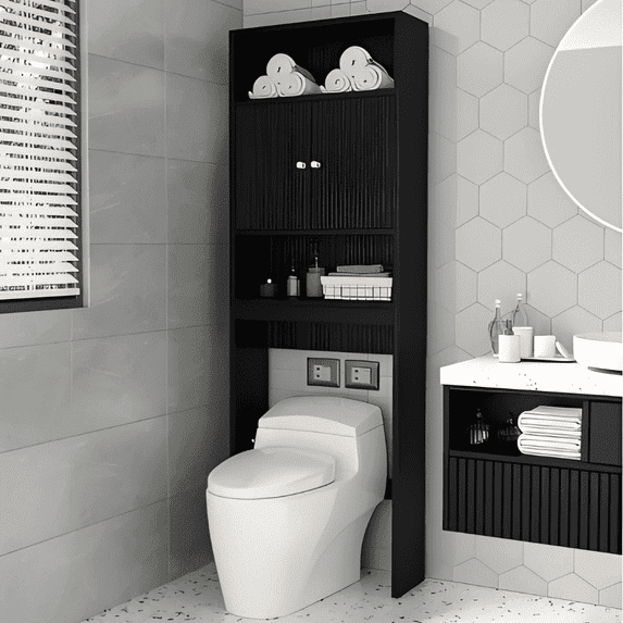 MIFI Minimalist Style 76" Black over the Toilet Storage Cabinet with Double Door and Open Storage Shelf, Freestanding - Black