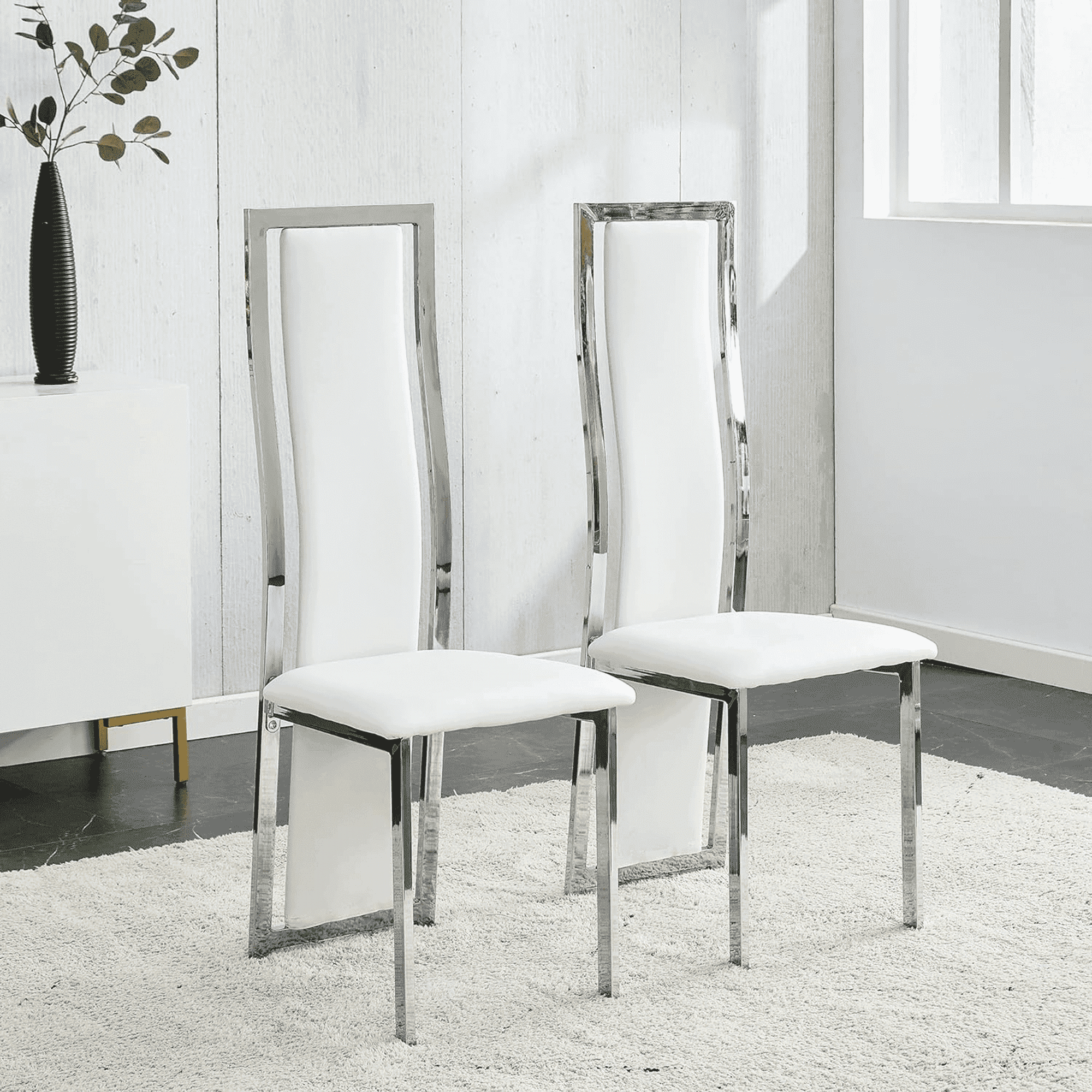 White Velvet High-Back Dining Chairs with Silver Metal Legs