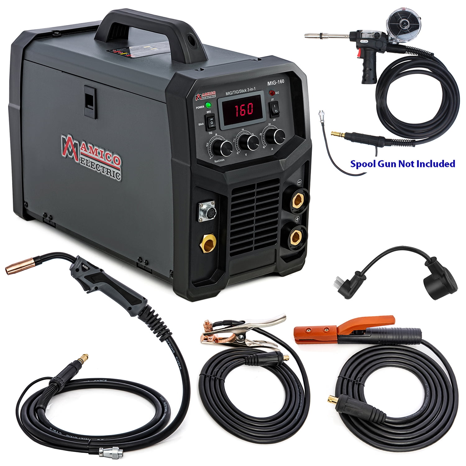 MIG-160, 160 Amp MIG/MAG/Lift-TIG/Stick Arc DC Welder, 3-in-1 Multifunction, Spool Gun Weld Aluminum-SPG15180 & SPG15250