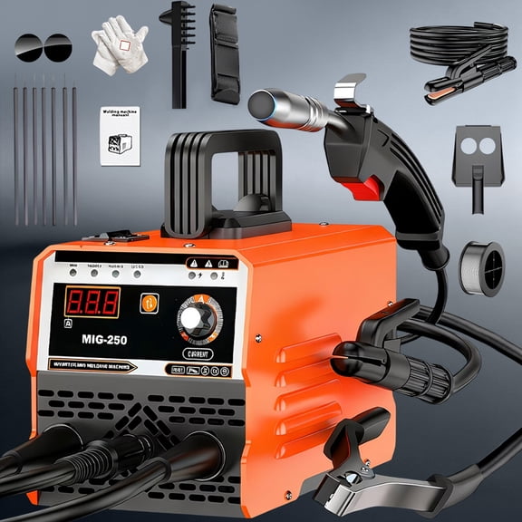 MIG-350/MIG-250 3 in 1 Welding Machine, 110V 60Hz 105A Gasless MIG/Stick ARC Welder with Orange Rubber Case, Complete Starter Kit Include Welding Wire, Rods, Mask Gloves, Portable Welder for Beginner
