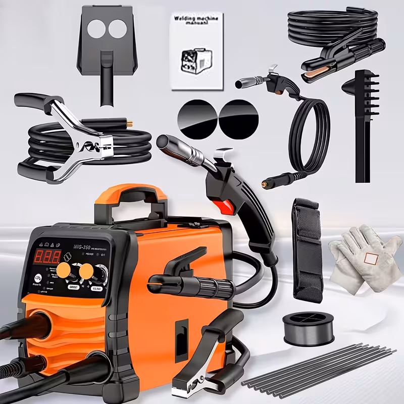 MIG-350/MIG-250 3 in 1 Welding Machine, 110V 60Hz 105A Gasless MIG/Stick ARC Welder with Orange Rubber Case, Complete Starter Kit Include Welding Wire, Rods, Mask Gloves