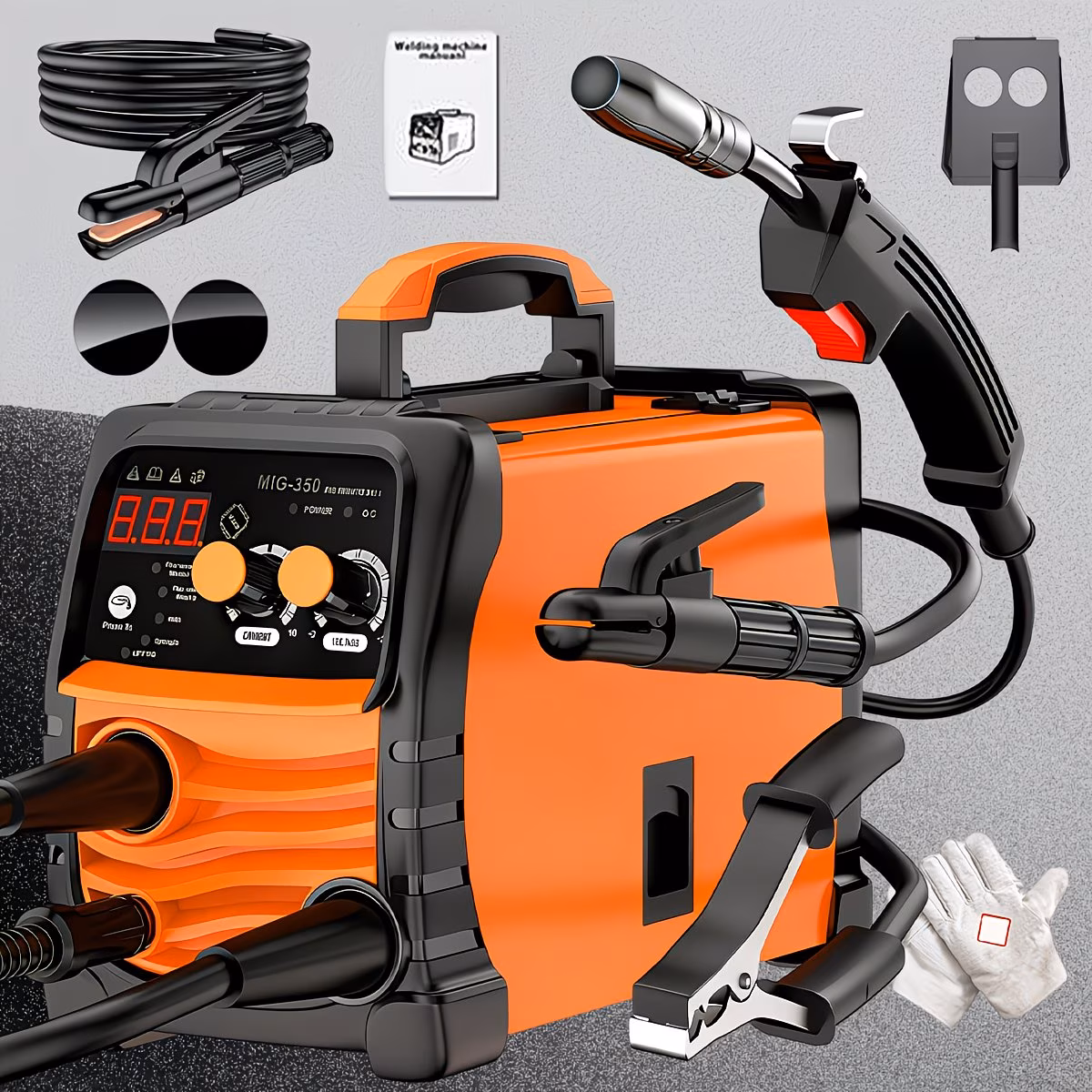 MIG-350/MIG-250 3 in 1 Welding Machine, 110V 60Hz 105A Gasless MIG/Stick ARC Welder with Orange Rubber Case, Complete Starter Kit Include Welding Wire, Rods, Mask Gloves, Portable Welder for Beginner
