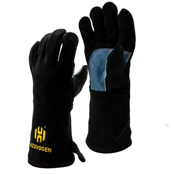 H HZXVOGEN 14-Inch Heat Resistant Leather Gloves, 932F BBQ and Welding Gloves for TIG MIG Arc, Oven and Work Use