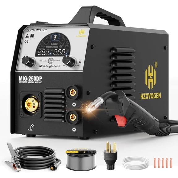 H HZXVOGEN 250A Aluminum MIG Welder, 110V/220V Dual Voltage 5-in-1 Gas & Flux Core MIG, Pulse MIG, Lift TIG, Stick Welder