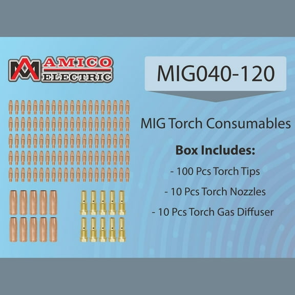 MIG040-120, MIG Welder Parts, 100-pcs .040 Tips, 10-pcs Gas Nozzles, 10-pcs Gas Diffusers for MTS-165/185/205, MIG-160/180/200, MIG-140GS