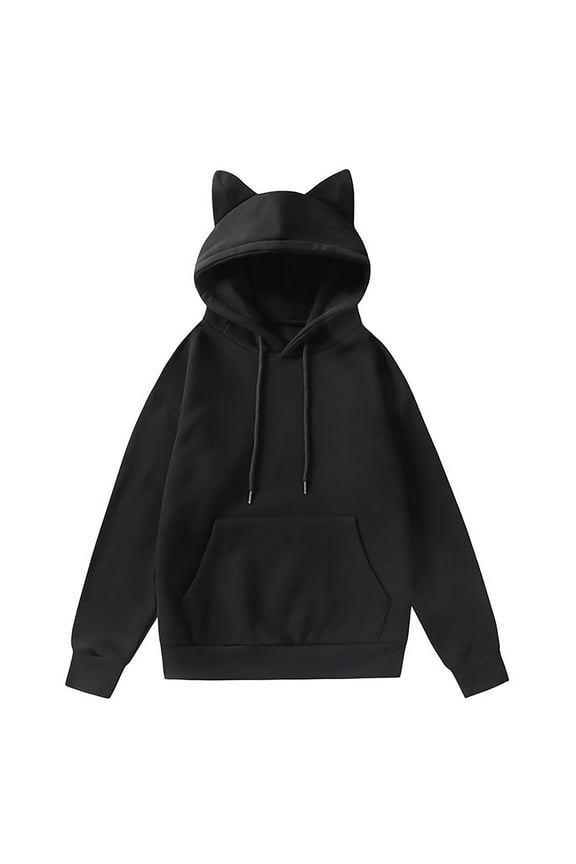 Women's Adorable Cat Ear Hoodie Sweatshirt - Cozy Lined Solid Color Pullover with Cute Animal-Themed Hood for Casual Wear Black,XXL