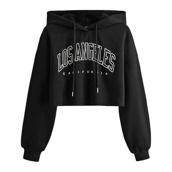 AWZXDE Women's Short Cropped Hoodie Sweatshirt with Letter Print Cut-Out Hooded Pullover Top for Casual Street Style Black,S