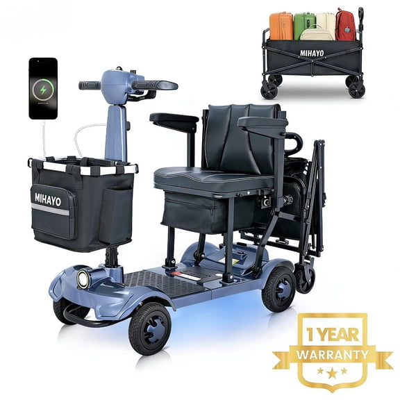 Mihayo 4-Wheel Foldable Lightweight Mobility Scooter for Seniors - 112L Storage Wagon, 24-Mile Range, Slate Blue