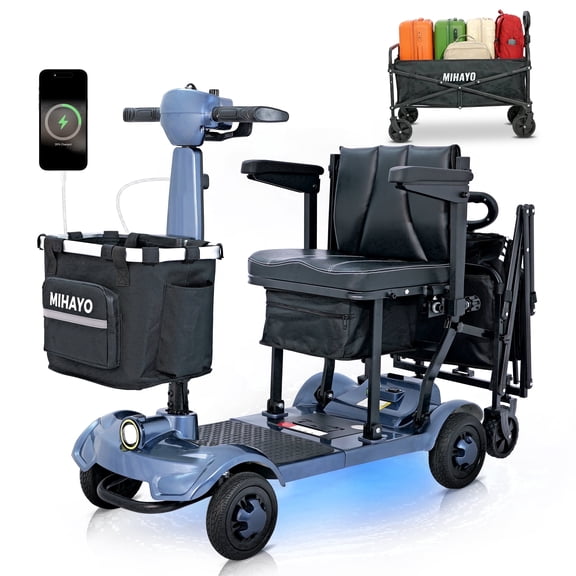 Mihayo 4-Wheel Foldable Lightweight Mobility Scooter for Seniors - 112L Storage Wagon, 24-Mile Range, Slate Blue