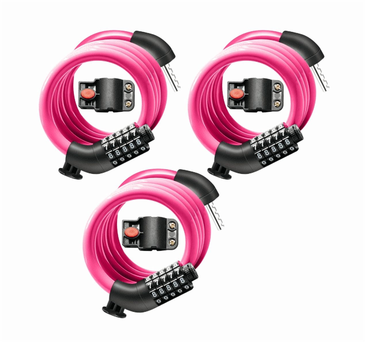 MIHOVER 3Pcs Bike LockCable with Combination,High Security 5-Digit Resettable Combination Bicycle Lock Anti-Theft, Scooter Lock with Mounting Bracket for Bikes and Scooters-Pink
