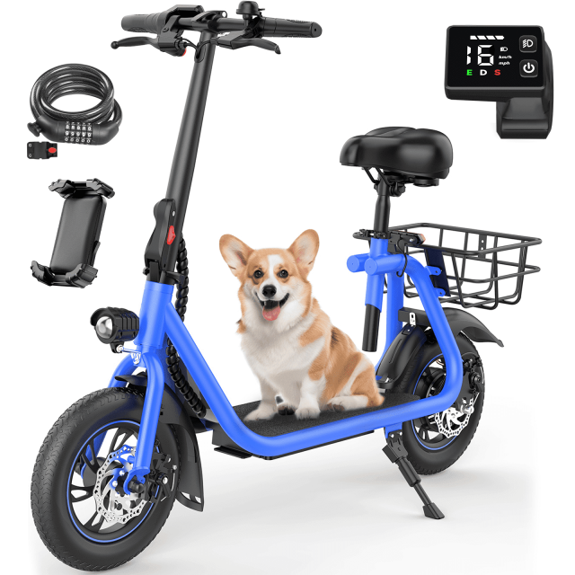 MIHOVER 450W Electric Scooter with Seat, Commuter Electric Scooter for Adult with Basket & Free Phone Holder & Steel Cable Lock & Inner Tube- up to 21 Miles 15.5MPH-Blue
