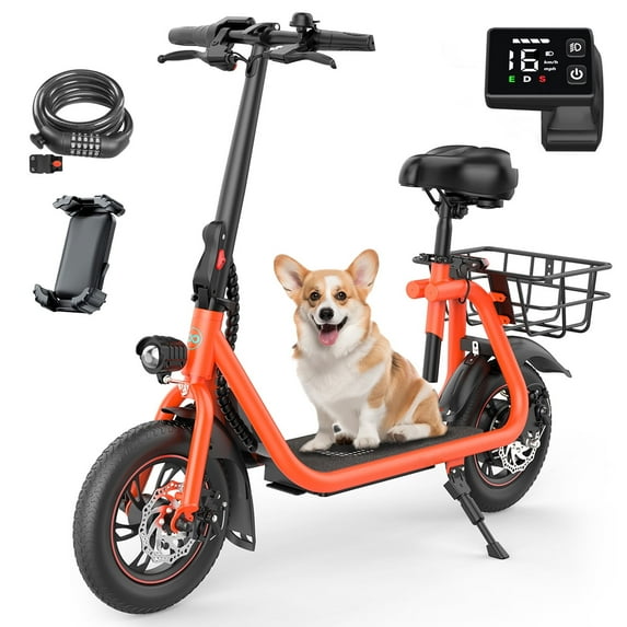 MIHOVER 450W Electric Scooter with Seat, Commuter Electric Scooter for Adult with Basket & Free Phone Holder & Steel Cable Lock & Inner Tube- up to 21 Miles 15.5MPH-Oange