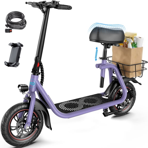 MIHOVER Electric Scooter with Seat for Adults & Seniors, 450W Comfortable Commuter Scooter with Basket, 12" Tires, 15 Mile Range, UL2272 Certified - Purple