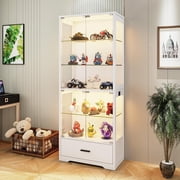 MIIFUNY 71 Display Cabinet with Glass Doors, 5-Tier Curio Cabinet with Drawer for Collectibles, Display Case with 3-Color Lights & Human Body Sensor, Adjustable Glass Shelves, Storage Cabinets, Whit