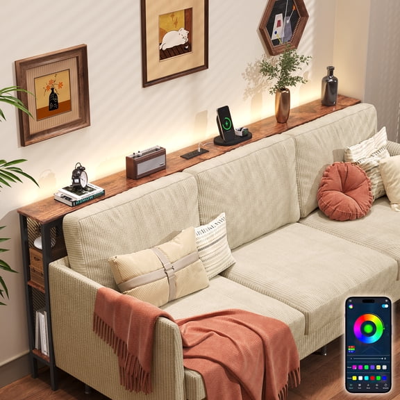 MIIFUNY 78.7" Long Behind Couch Table with LED Lights, Outlet & Bookcase, Narrow Sofa Table Behind Couch, Wood Console Tables with Storage, Entryway Table for Hallway, Living Room, Rustic Brown