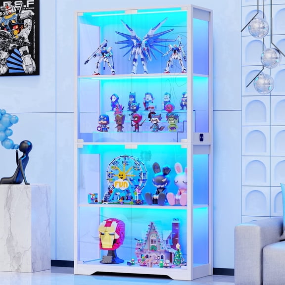 MIIFUNY Display Cabinet with Glass Doors 4 Tier Curio Cabinet & Bookshelf with LED, White