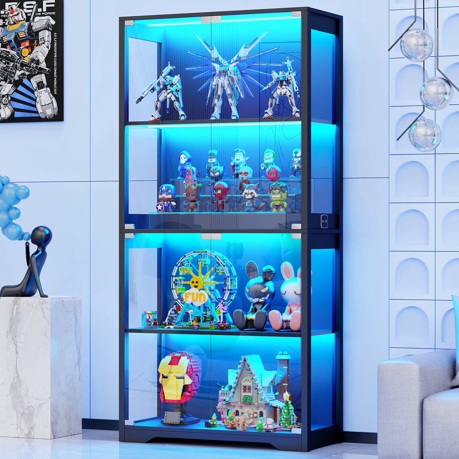 BROTTAR Display Cabinet with Glass Doors, 65" Storage Cabinet with LED, 4-Tier Curio Cabinet & Bookshelf, Collection Showcase for Home Office, Black