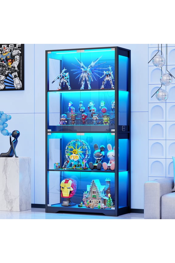 Display Cabinet with Glass Doors, 65" Storage Cabinet with LED, 4-Tier Curio Cabinet & Bookshelf, Collection Showcase for Home Office, Black