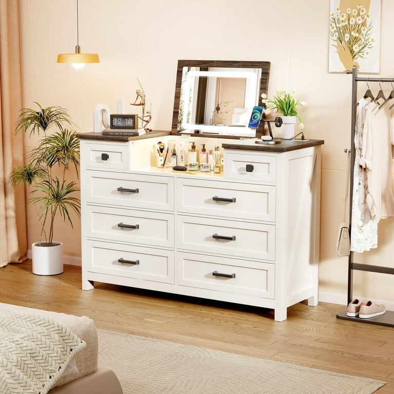 MIIFUNY Dresser with Charging Station, Wood Chest of 8 Drawers