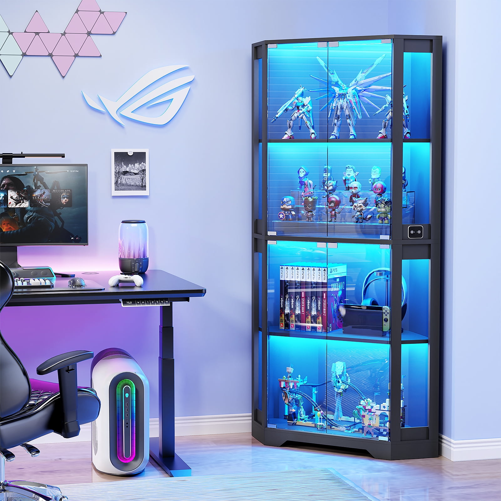 MIIFUNY Lighted Curio Cabinet with Glass Door, 65" Corner Display Cabinet with 4 Tier for Living Room, Black