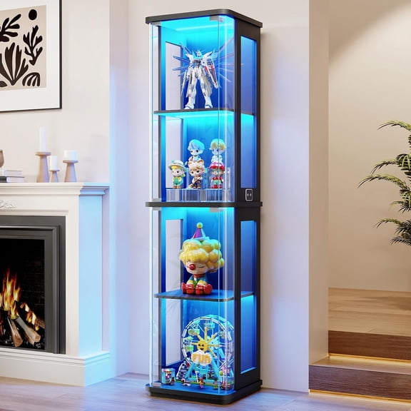 MIIFUNY Small Rounded Display Cabinet with Glass Door, for Collectibles | 4-Tier Curio Cabinet with 3 Color Lights, Glass Display Case with Transparent Full-Display Surface, Black