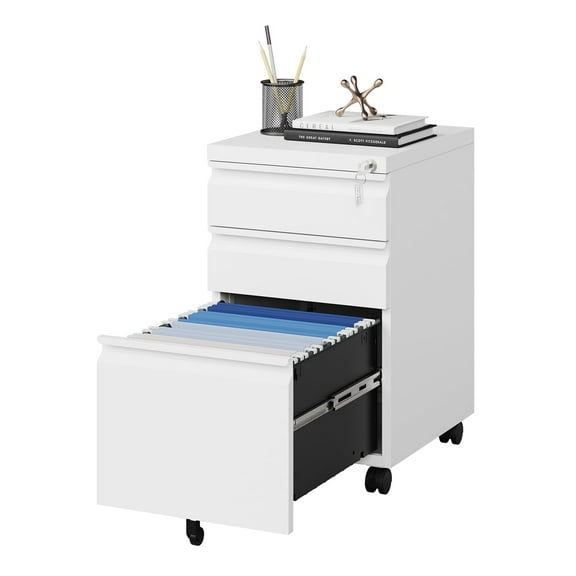 MIIIKO 3 Drawer File Cabinet with Lock, Under Desk Metal Filing Cabinet for Home Office,Lockable Rolling File Cabinet for Legal/Letter/a4 Size (White,unassembled)