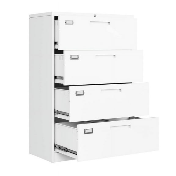 MIIIKO 4 Drawer Lateral File Cabinet with Lock, White Lateral Filing Cabinet for Legal/Letter A4 Size, Locking Wide File Cabinet for Home Office, Metal
