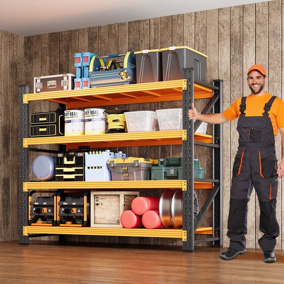 MIIIKO 4-Tier Metal Adjustable Storage Shelves, 48"W x 24"D x 70"H, 4000LBS Capacity Industrial Utility Shelving Unit,Steel Rack for Garage Warehouse Basement,Black&Orange