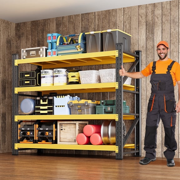 MIIIKO 4-Tier Metal Adjustable Storage Shelves, 48"W x 24"D x 70"H, 4000LBS Capacity Industrial Utility Shelving Unit,Steel Rack for Garage Warehouse Basement,Black&Yellow